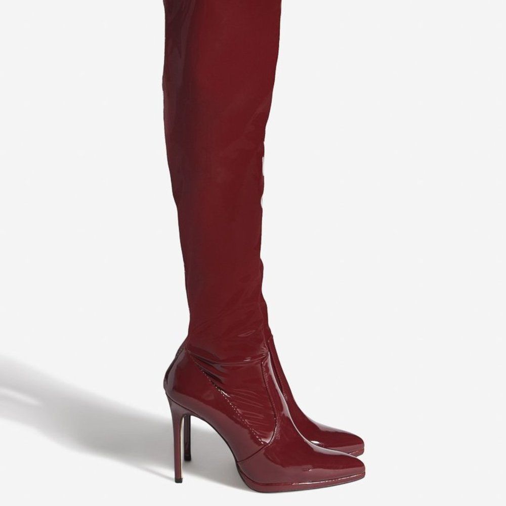 Shoe Dazzle Burgundy Patent Over-the-Knee Stiletto Boots - Picture 4 of 8